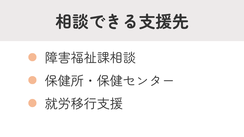 知的障害のある大人が相談できる支援先(福祉課・保健所・就労移行支援)の一覧画像