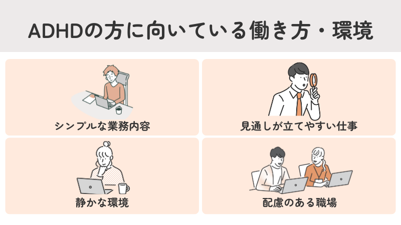 ADHDのある大人に向いている仕事の働き方や職場環境を紹介する見出し画像