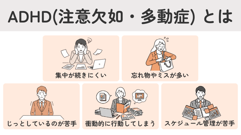 ADHD（注意欠如・多動症）の特性と向いている仕事を探す人向けの解説画像