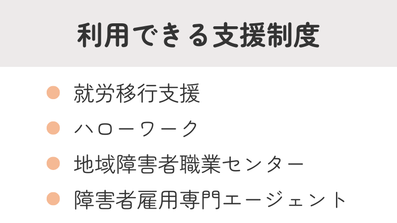 障害者雇用を目指す方が利用できる支援制度一覧：就労移行支援、ハローワーク、地域障害者職業センター、専門エージェント