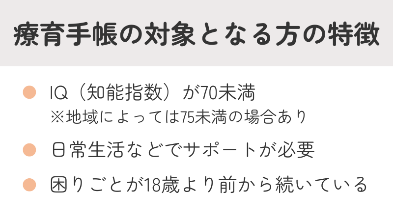 療育手帳の対象となる方の特徴リスト:IQ70未満、日常生活でのサポートの必要性、18歳以前からの困りごと