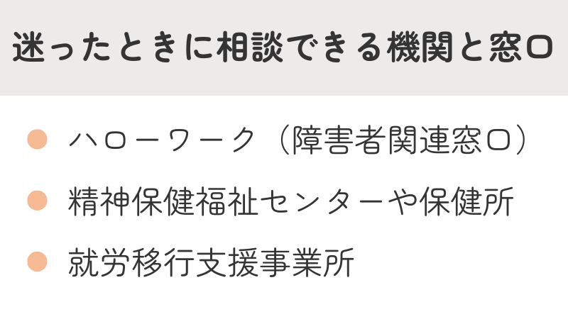 障害福祉サービスの利用や就職を迷った際に相談できる機関と窓口の一覧:ハローワーク、精神保健福祉センター、就労移行支援事業所など