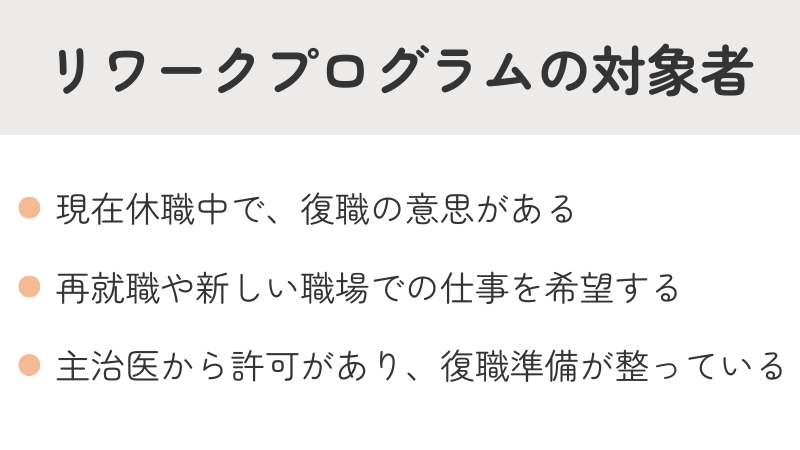リワークプログラムの対象者リスト：休職中の復職希望者、再就職希望者、主治医の許可がある方