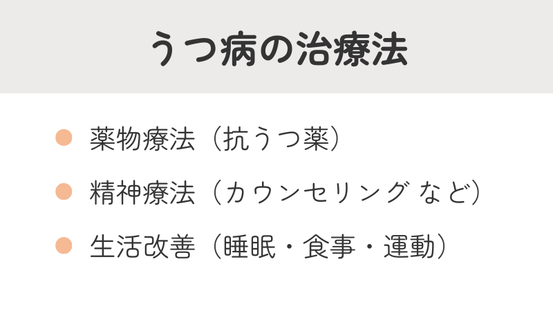 うつ病の主な治療法リスト:薬物療法、精神療法(カウンセリング)、生活改善(睡眠、食事、運動)