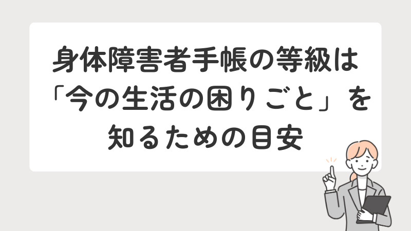 身体障害者手帳の等級は「今の生活の困りごと」を知るための目安であることを示す画像