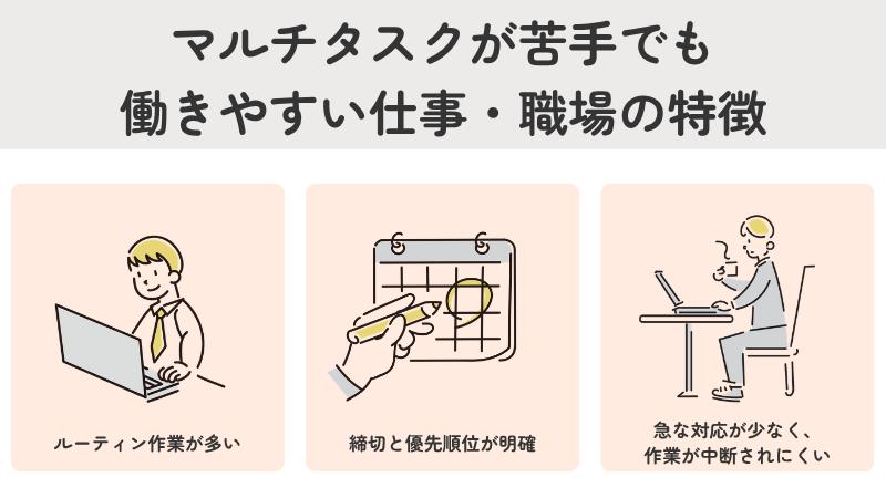 マルチタスクが苦手でも働きやすい仕事・職場の特徴（ルーティン作業、明確な優先順位、中断の少なさ）