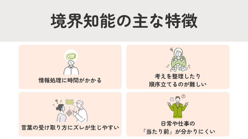 境界知能の主な特徴（情報処理に時間がかかる、思考整理が難しい、言葉のズレ、日常の困りごと）のまとめ