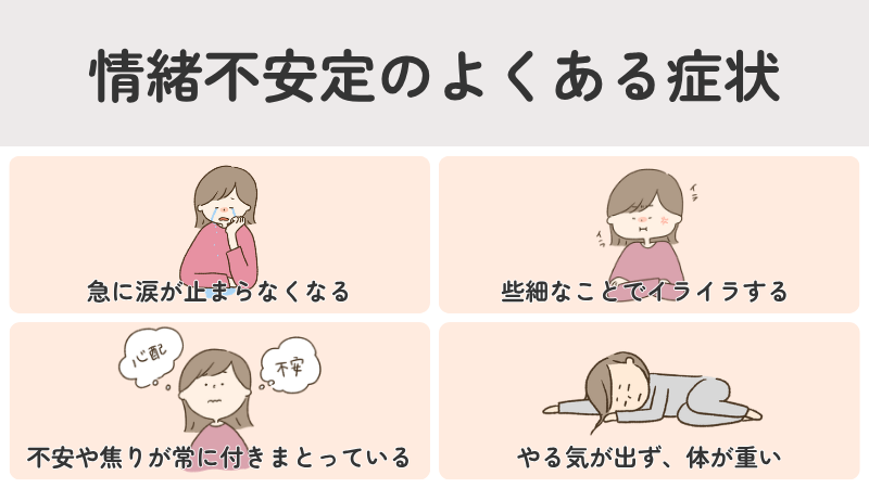 情緒不安定のよくある症状（涙が止まらない、イライラする、不安・焦り、やる気が出ない・体が重い）